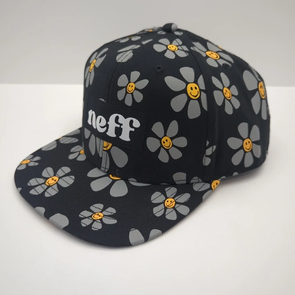 Neff Forever Fun Snapback Hat Black Daisy Smiley Face Floral Print Flat Brim Cap